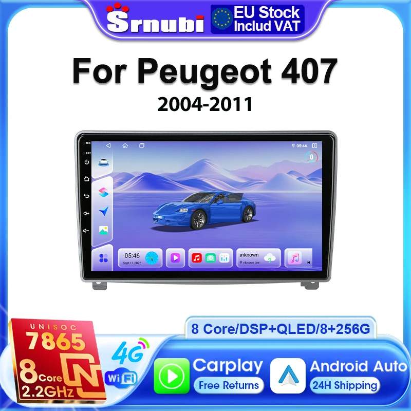 Srnubi Autoradio für Peugeot 407 2004–2011, Auto-Multimedia-Video-Player, 2Din, 4G-Navigation, kabelloses CarPlay, Android Auto