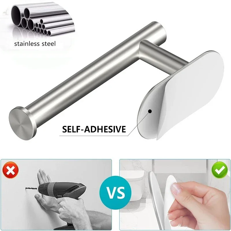 Stainless Steel Toilet Paper Towel Holder Adhesive Bathroom Kitchen Paper Roll Rack No Punch Wall Mount Roll Dispenser