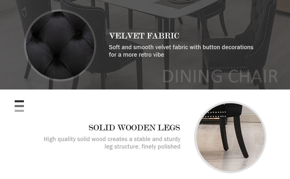 Description Picture 4 of itemVelvet Dining Chairs Set of 6, Tufted Chairs with Nailhead Ring Pull Trim, Upholstered Dining Chairs with Solid Wood Legs(Black)