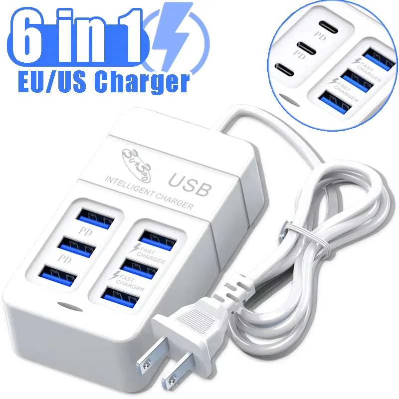 USB C Charger 6 IN 1 USB Charger 35W PD Type C Fast Charge Charger Wall Phone Adapter Quick 3.0 USB Hub EU US Plug Type C