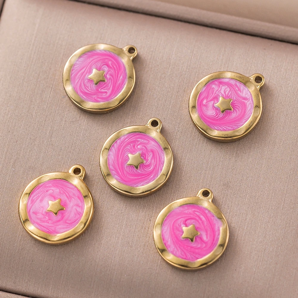 5 Stück Gold Edelstahl Emaille Baumeln Charms Anhänger Runde Stern Mond Anhänger für DIY Armband Halskette Ohrring Schmuckherstellung – Detail 4