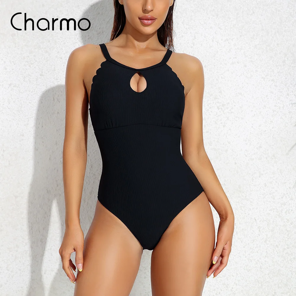 

Charmo Women's One Piece Swimsuit Sexy V Neck High Cut Hollow Out Monokini Solid Color