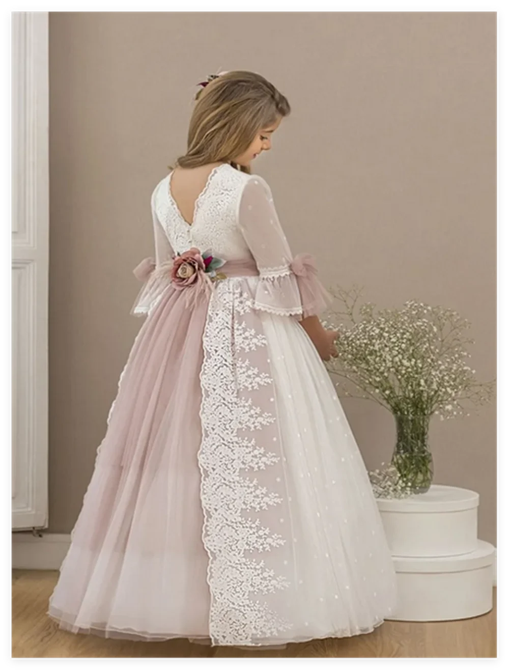 Pink Flower Girl Dresses Tulle Puffy Tiered Flory Pattern Long Sleeve For Wedding Birthday Party First Communion Gowns 1
