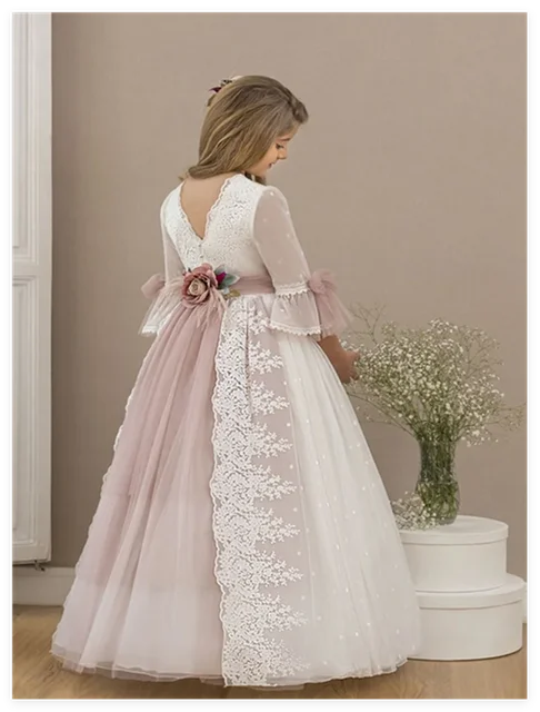 Pink Flower Girl Dresses Tulle Puffy Tiered Flory Pattern Long Sleeve For Wedding Birthday Party First Communion Gowns 1