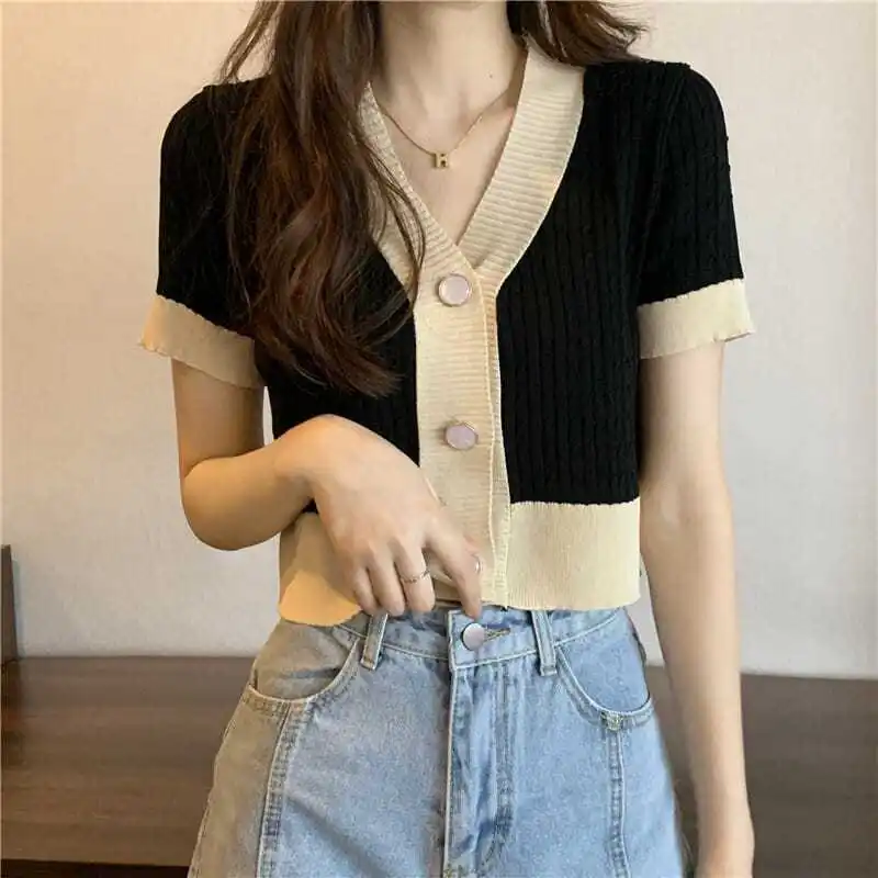 2026 Women's T-shirt V-neck Short Sleeve Knit Summer New Short High-waisted Cardigan Casual Y2k Tops Woman 2