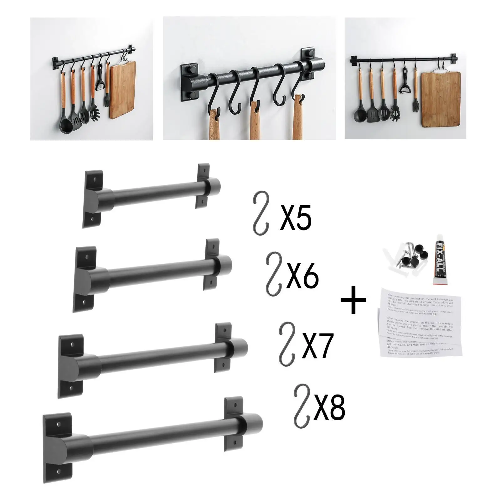 Kitchen Rail Rack with 1Hooks, Utensil Rack Wall Mounted, ing Utensil Holder for Utensils Set and Cookware Black 3