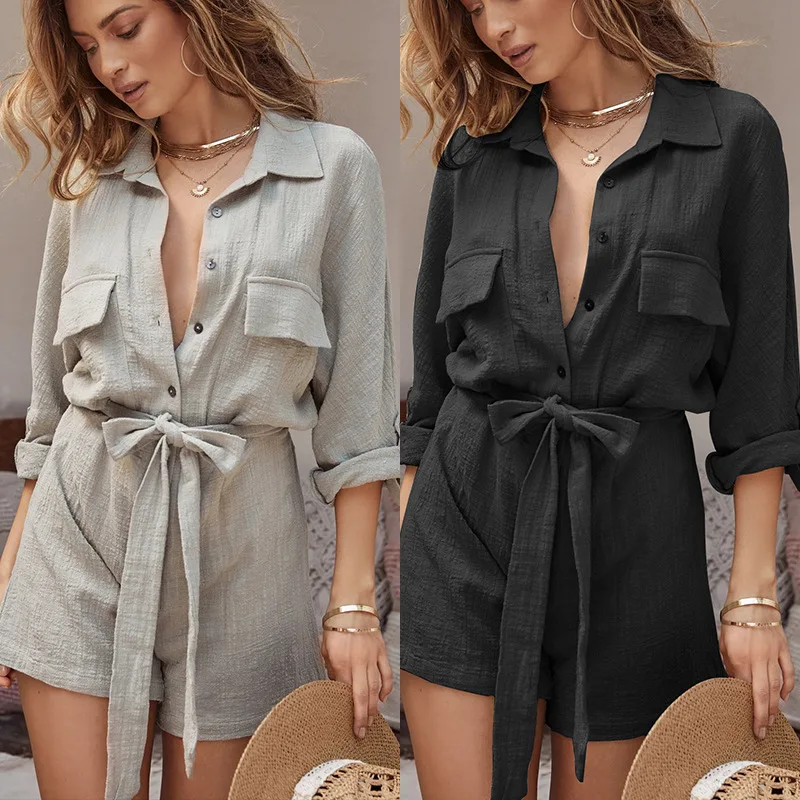 

Cotton hemp jumpsuit, casual shirt, solid color, new autumn, Europe and the United States