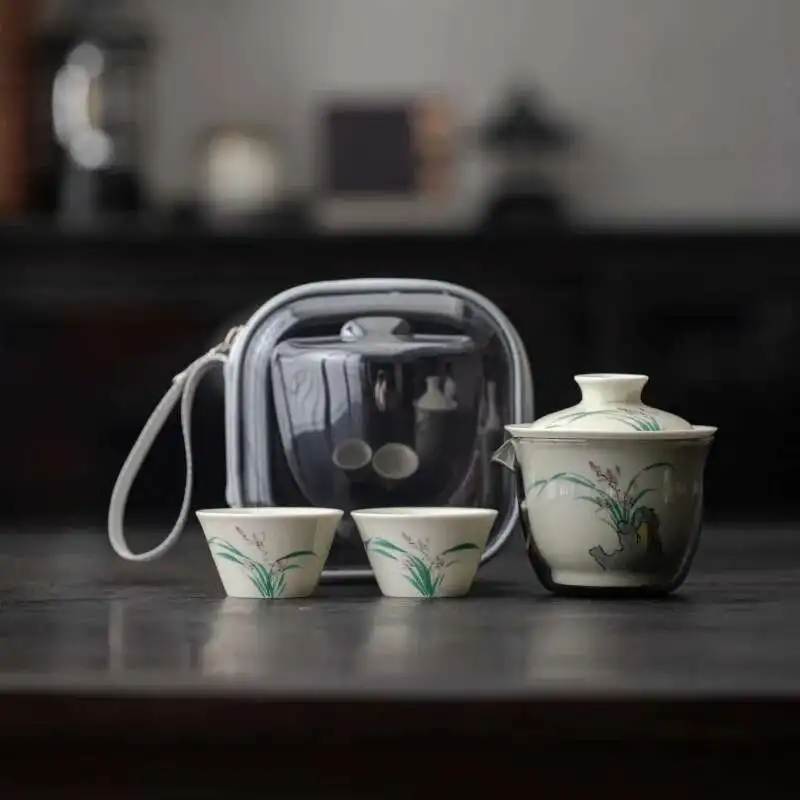 Portable Travel Tea Set Underglaze Color Hand-painted Orchid Ceramic Quick Guest Cup One Pot Two Cups Outdoor Tea Maker