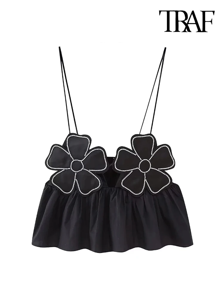 

TRAF Women Fashion With Rhinestone Floral Poplin Tank Tops Sexy Backless Tied Thin Straps Female Female Camis Mujer