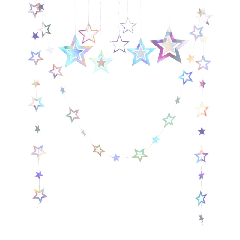 Iridescent Paper Star Garland Banner Laser Silver Flag Hanging Decor Birthday Party Pendant Baby Shower Wedding Streamer Decor