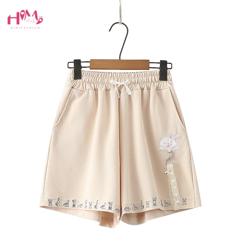 

Женские летние шорты Himifashion в японском стиле 2023, повседневные короткие штаны с вышивкой кролика, с эластичным поясом, спортивные шорты