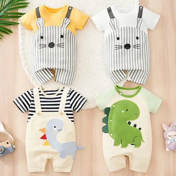 Abbigliamento per neonati unisex, simpatico cartone animato con stampa di animali, tutina estiva in cotone a maniche corte, pigiama per neonati e bambini, completo in un unico pezzo