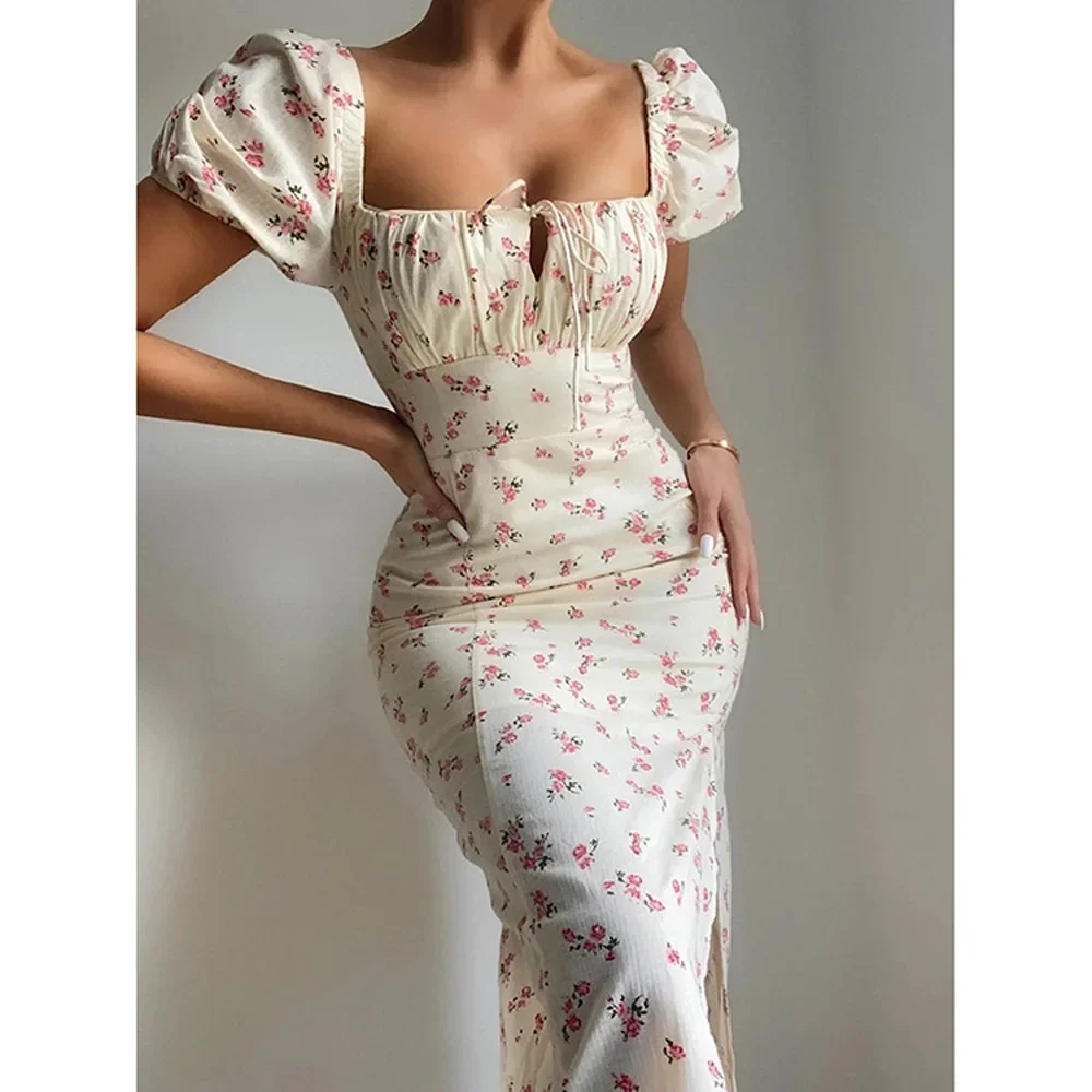 

2024 Women's New Dress French Retro Floral Skirt Slim Fit Split Long Bubble Sleeve White dress women YBF15-3