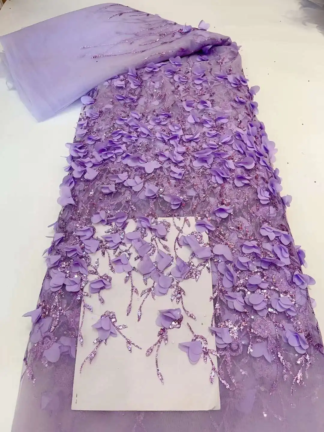 Diamond 3D Flower Tube Bubble Embroidered Glitter Fabric Sequin Lace Wedding Dress Stage Costume Bridal Evening Party Material