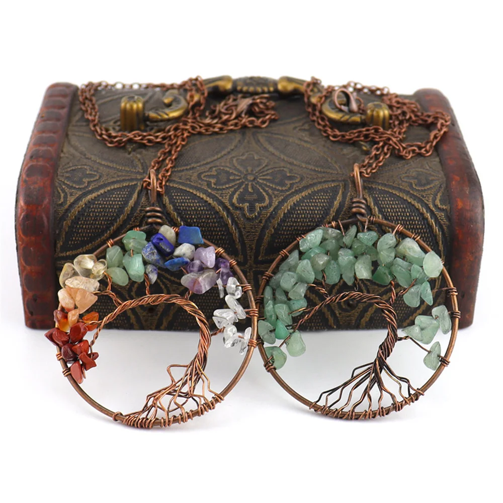 7 Chakra Natural Stones Tree of Life Pendant Handmade Crystal Copper Necklace Quartz Reiki Healing Charm Women Jewelry Gift