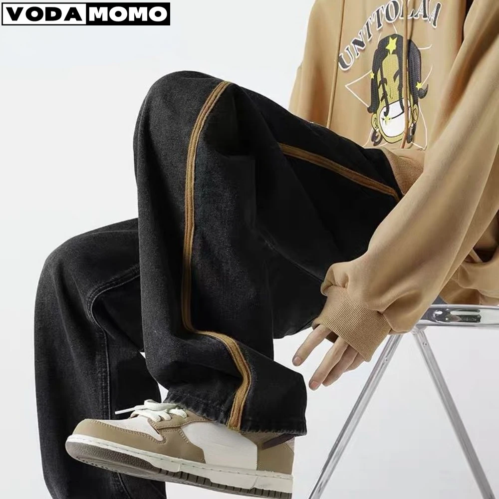 Jeans Da Uomo Con Coulisse A Righe Laterali Moda Pantaloni Larghi A Vita Alta Y2K Jeans Boyfriend Per Donna Abbigliamento Vintage Streetwear