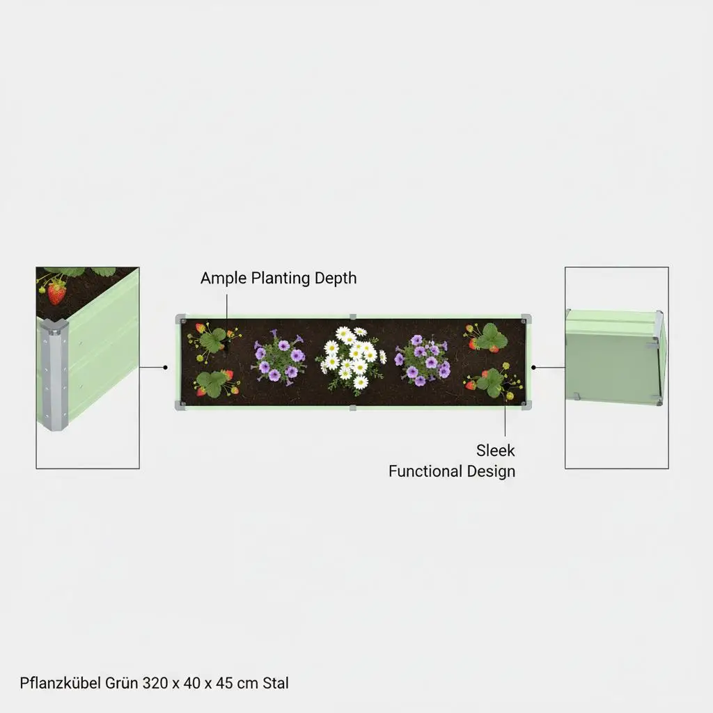 Grüne Stahlpflanzbox 320x40x45 cm für Innen- und Außenbereich, große lange Pflanzbox im Industriedesign für den Garten – Detail 6