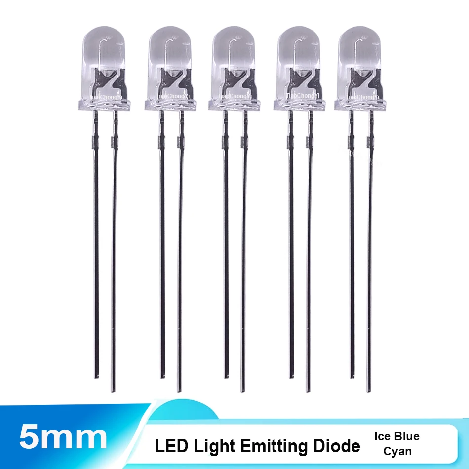 Ice Blue High Luminous LED Light - 5mm, Cyan Hue, DC 3.2-3.4V, 20mA