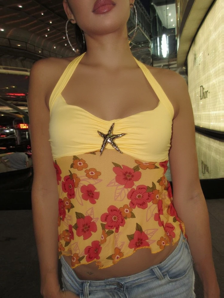 Nibber Patchwork Starfish Halter Tank Tops Women Sexy Y2K Mesh Flowers Summer Fashion Wild Basic Daily Streetwear Hipster Vest