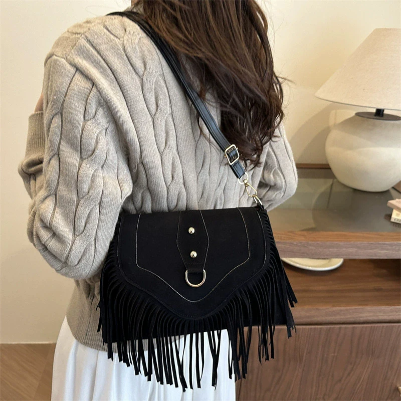 Vintage Tassel Square Handbag Bohemian Style Shoulder Crossbody Bag Travel Commuter Flap Shoulder Bag