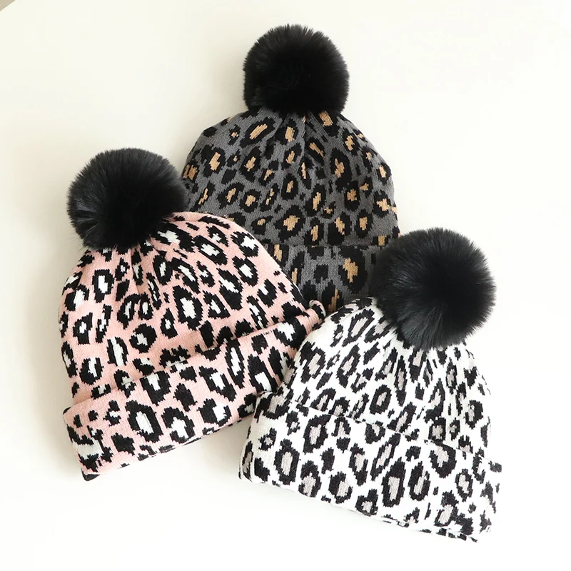 Autumn and winter children's hat and scarf suits boys girls baby hat leopard print style knit thickened girl trend
