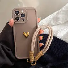 Charming 3D Golden Heart Soft Case with Wrist Chain and Shockproof Design