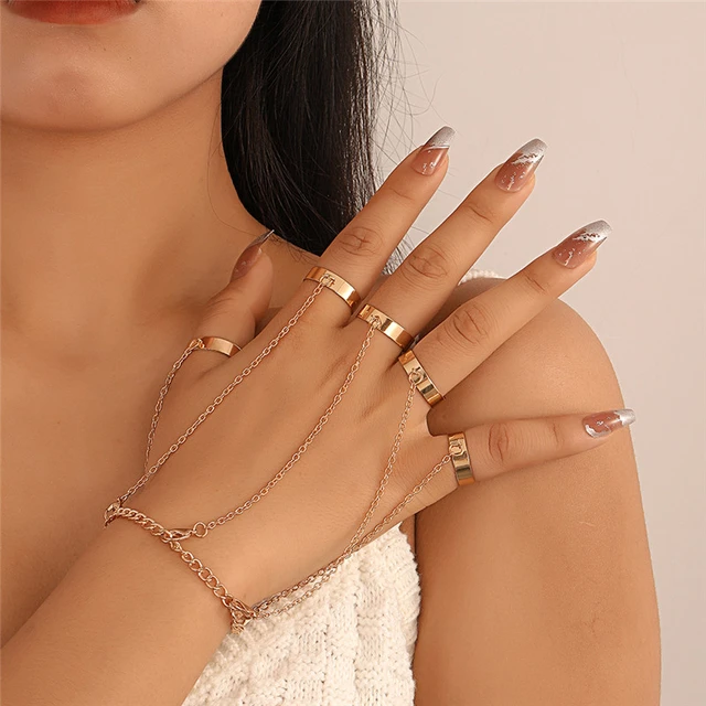 Handmade Five Finger Chain Rings Adjustable Cross Chain Linked Cuff Rings -  Etsy | Hand jewelry, Chain ring, Edgy jewelry