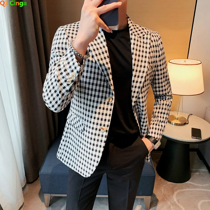 

2023 Brand Clothing Men High Quality Vintage Plaid Blazer Business Casual Two Button Suit Jacket Men's Regular Abrigo Hombre 4XL