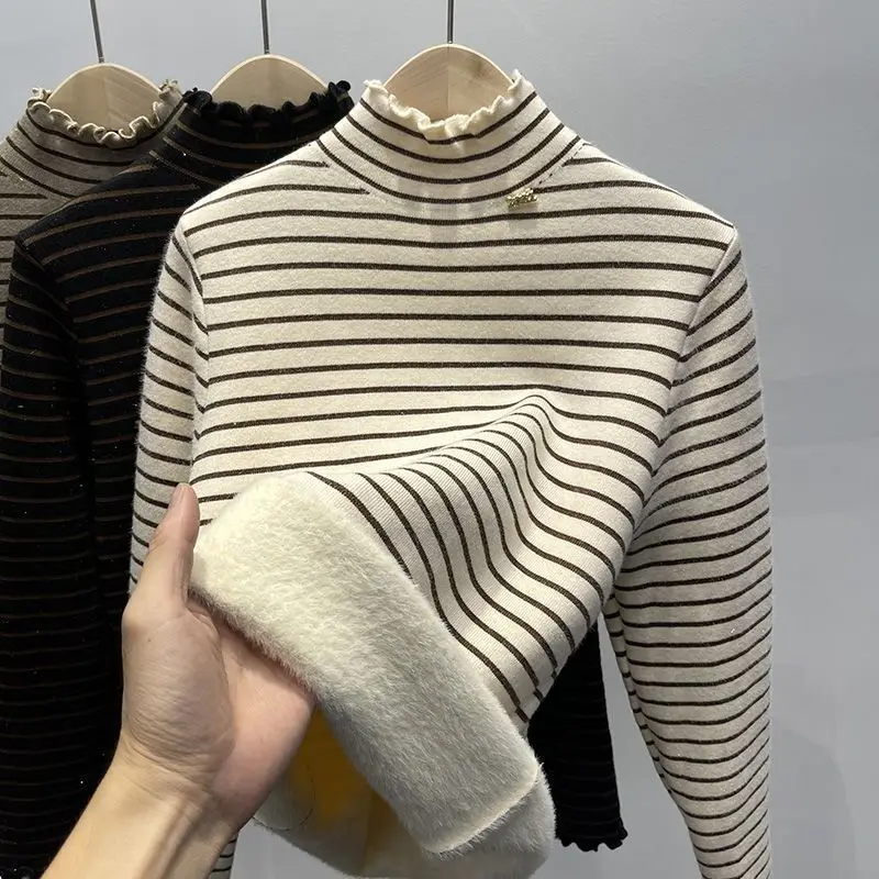 

Winter Clothes Women Thickened and Plush Long Sleeved Striped Warm Top Pullovers Sweater Women Clothing Long Sleeve Top Jumpers