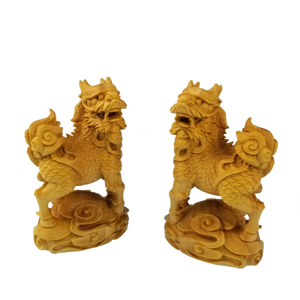 

Pair of Chinese Mythical Beasts Unicorn Lion & Dragon - Wood Carved Mascot Decor