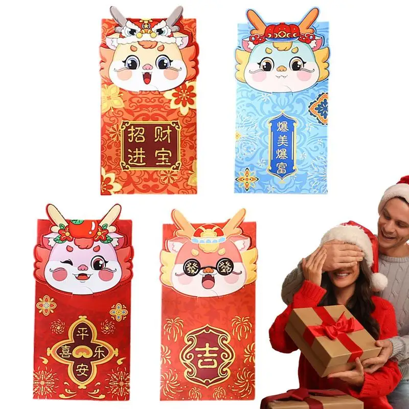 

4pcs Chinese New Year Red Envelopes Cartoon Dragon Year Money Pockets Spring Festival Red Packet Lucky Money Packets Gift Bag
