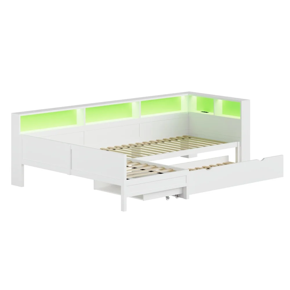 90 x 200 cm großes modernes L-förmiges Plattformbett aus Holz mit ausziehbarem Bett und Schublade, 5 Ablagefächern, Steckdosen und USB-C-Anschluss – Detail 14