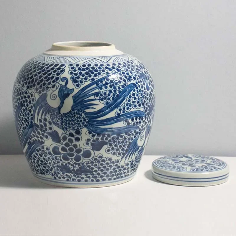 Blue and White Phoenix Ginger Jar Urn Lotus Vintage Ginger Jar Jingdezhen Ceramics Blue and White Porcelain Jar Vases for Flower 3