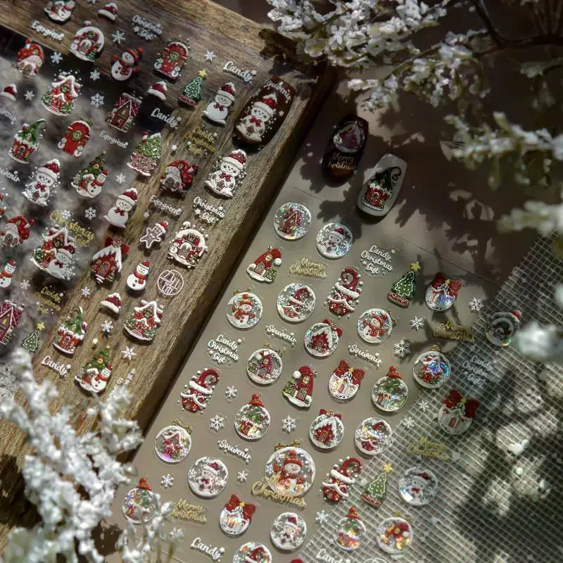 Christmas 3D Embossed Nail Stickers - Dreamy Snowflake Snowman Christmas Tree Decals, Winter Manicure Adhesive Accessories