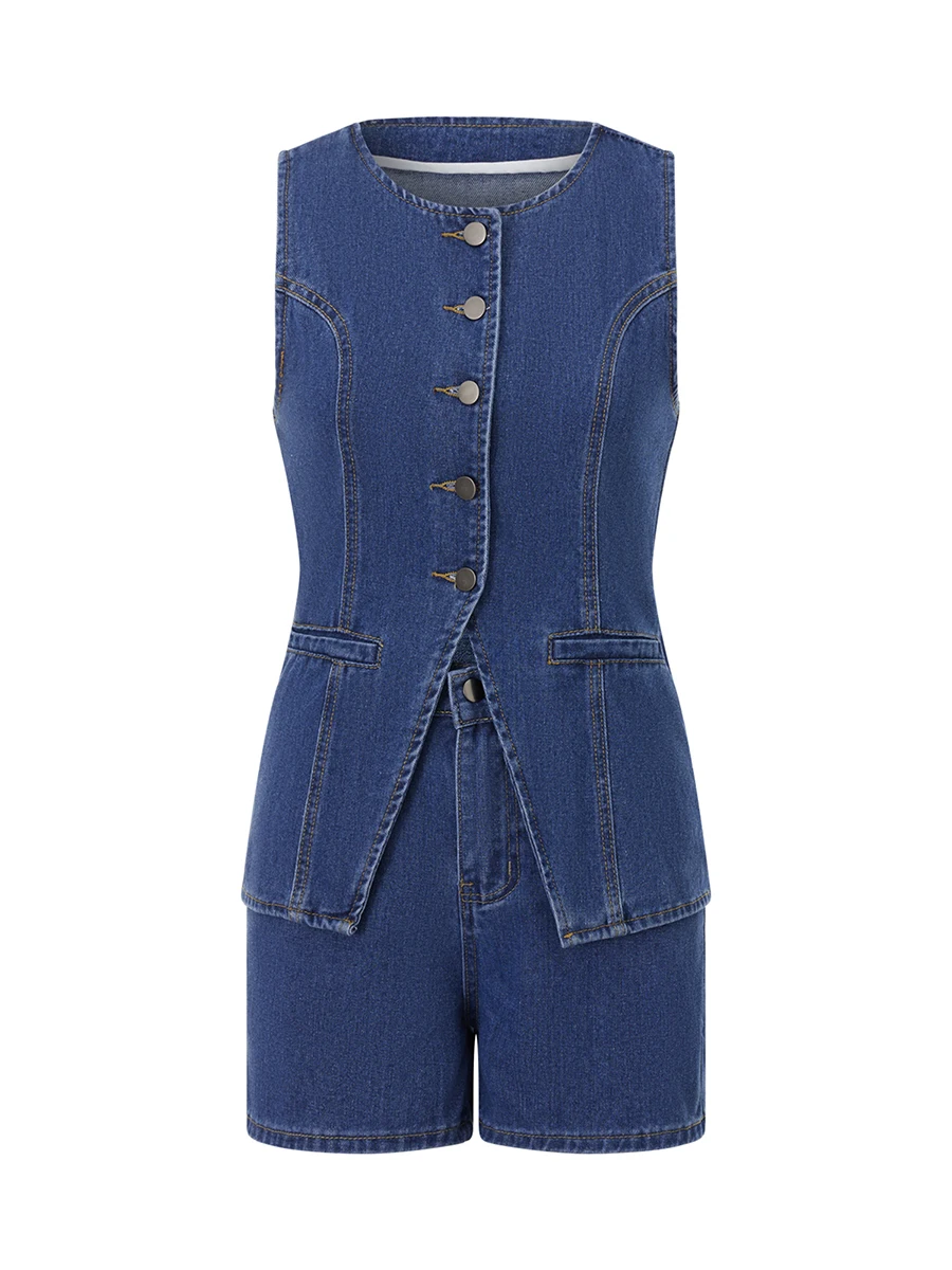 Women s Stylish 2 Piece Denim Ensemble with Sleeveless Split Vest and Matching Shorts - Perfect for Streetwear Fashionistas