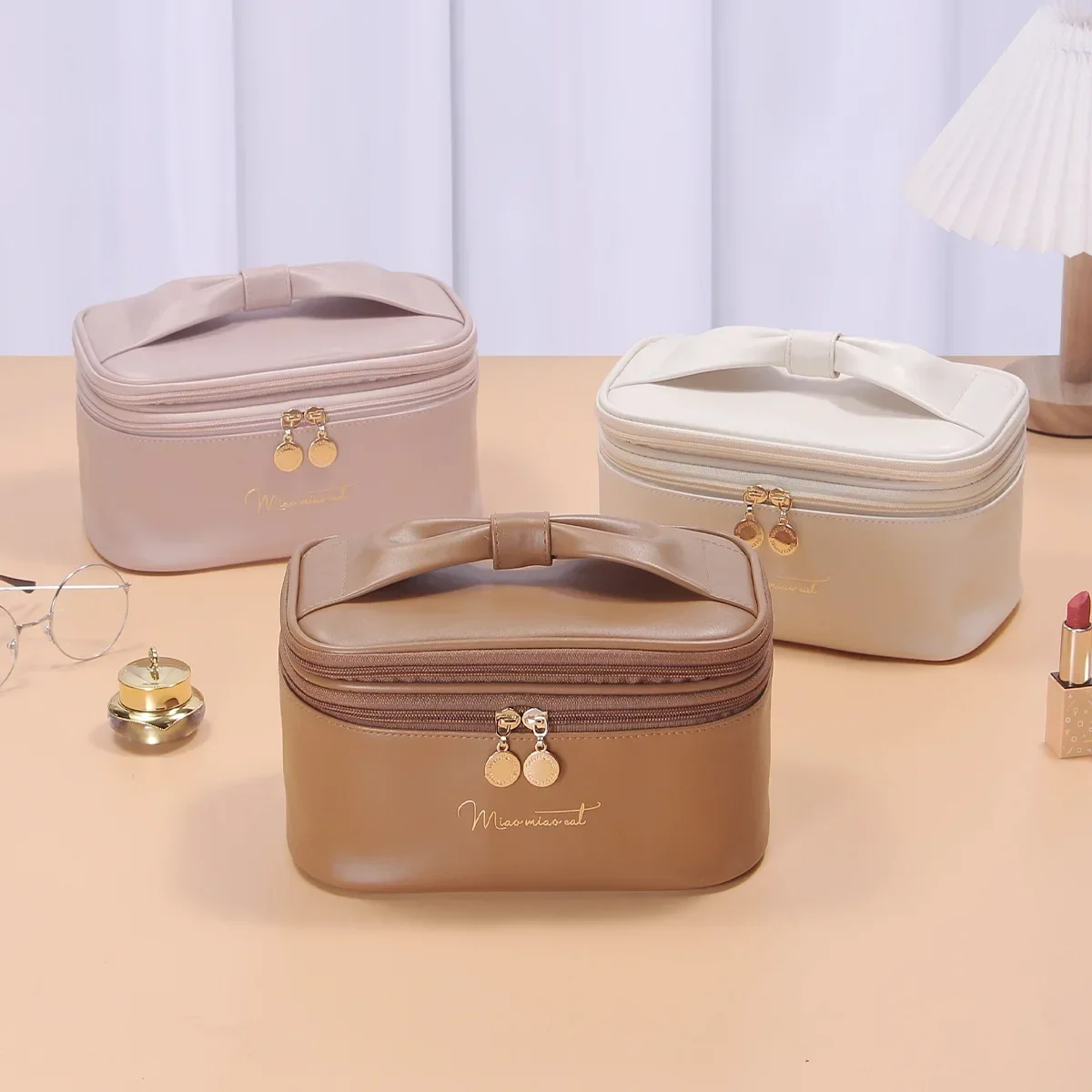 

Women Double Layer Cosmetic Storage Bags Square High-end PU Leather Toiletries Sack Waterproof Essence Lipstick Organizing Pouch