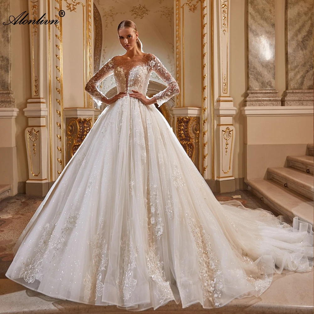 

Alonlivn Graceful Full Sleeves Scoop Ball Gown Wedding Dresses Bling Beading Pearls 3D Appliques Lace Princess Bridal Gowns