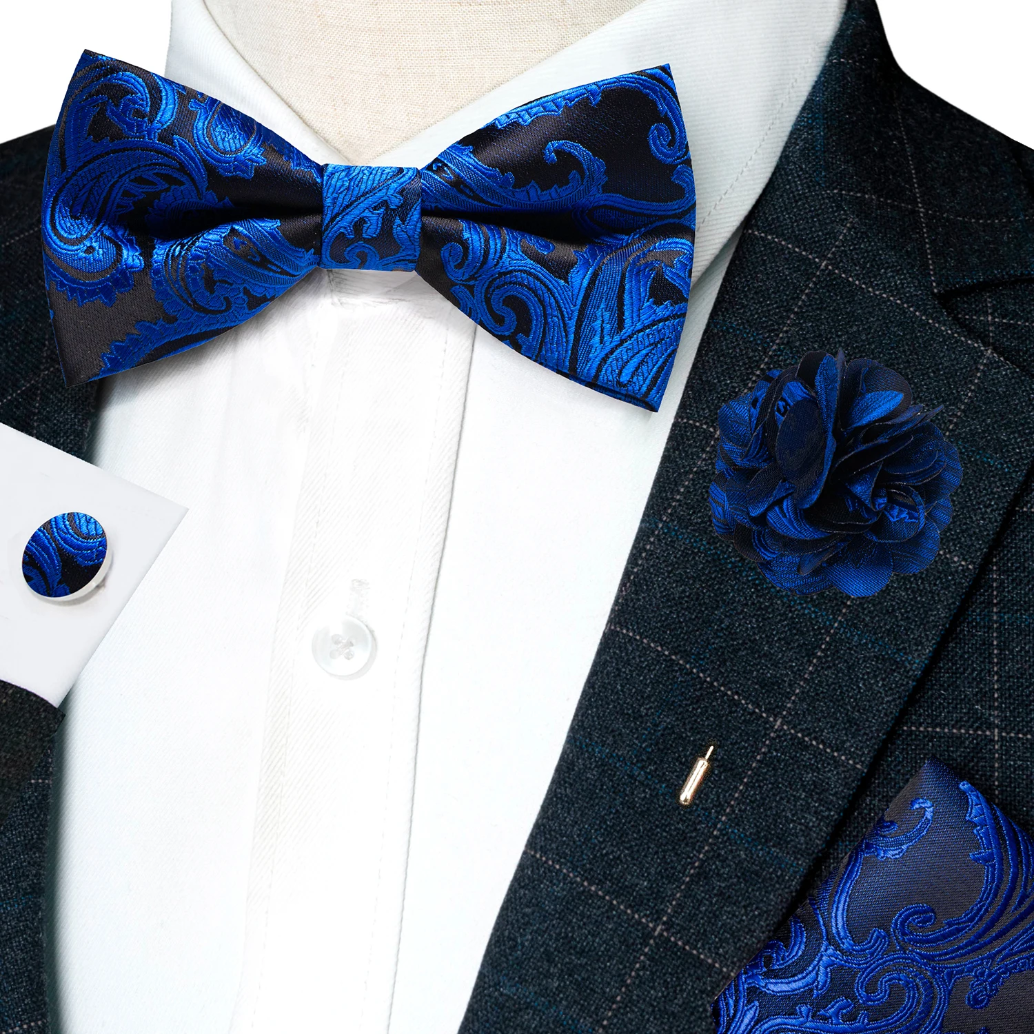 Classic Mens Bow Tie Brown Jacquard Paisley Bowtie Hanky Cufflinks Brooch Set Wedding party Butterfly Knot Gift Man Accessories