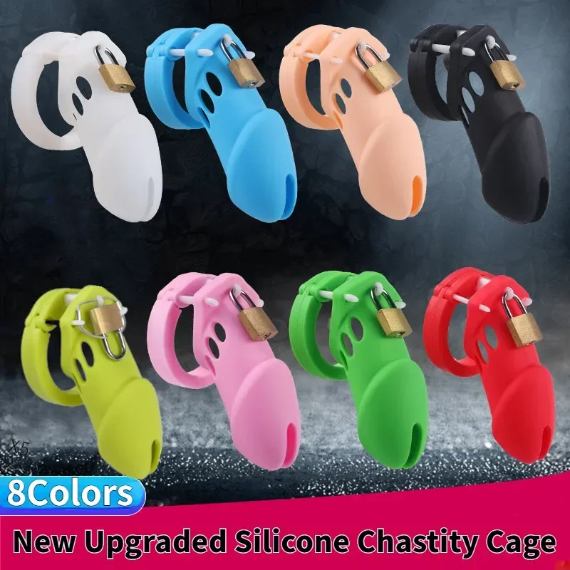 New Upgraded Silicone Male Cock Chastity Cage with 5 Sizes of Penis Rings To Prevent Cheating Short/Long Cock Cage Adult Product