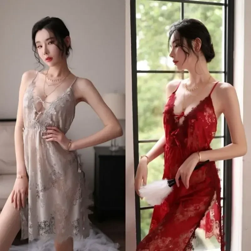 Sexy Women Nightwear Slip Dress Backless Lace Slit Pajama Slips Pajamas Skirt Summer Women's Nightgowns Erotic Lingerie Woman - Image 2