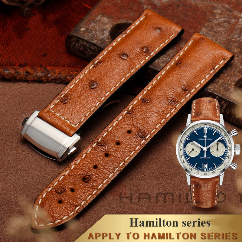 

New Ostrich Leather Watchband for Hamilton Jazz Khaki Aviation Series H32755851 Strap Folding Clasp Bracelet Black Brown 20mm 22