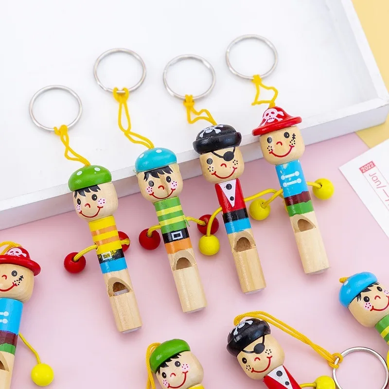 Kids Children Cartoon Pirate Wooden Whistle Musical Instrument Toy Keychain Gift