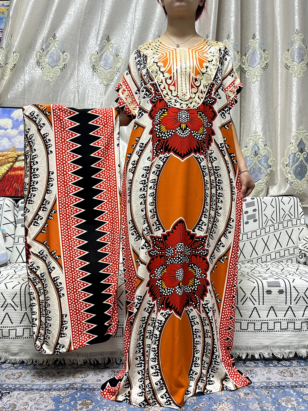 Muslim New Abayas For Women 2023 Traditional Appliques Printed Cotton Short Sleeves Islam Loose Fit Femme Robe With Belt Turban
