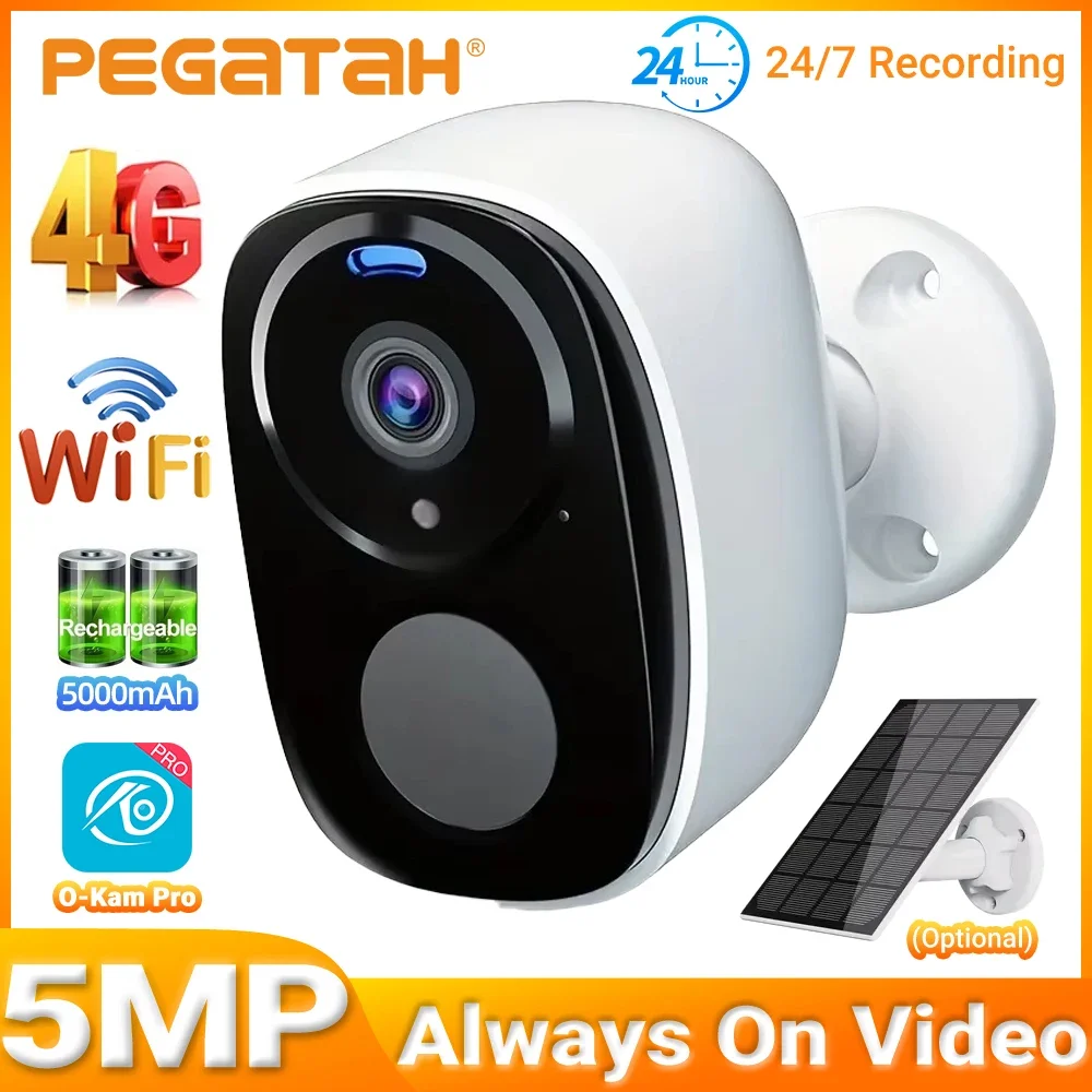PEGATAH 5MP 4G Solar Security Camera 2.4G WiFi Outdoor Wireless PIR Detection Color Night Vision Battery Powered Two-Way Talk