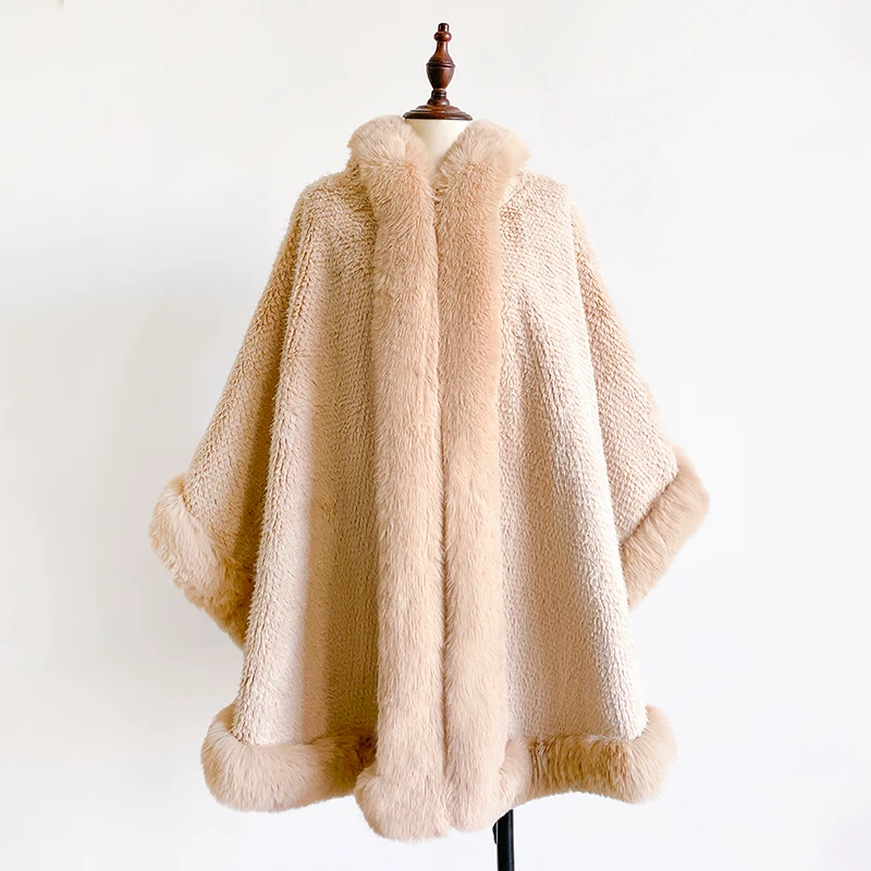 Winter New Women's Thicken Mink Wool Full Trims Faux Fur Cape - Hooded Loose Fleece Cloak Coat Party Dress Wraps Warm