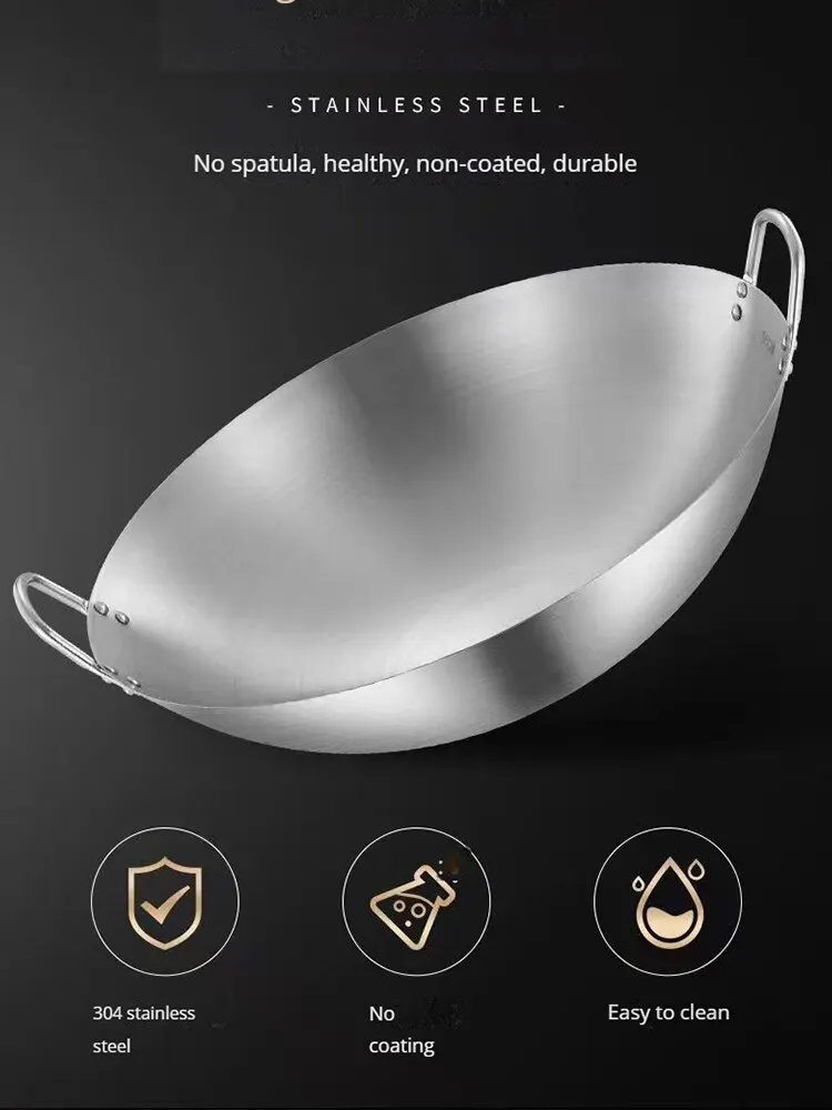 Stainless Steel Double Ear Frying Pan Uncoated Thickened