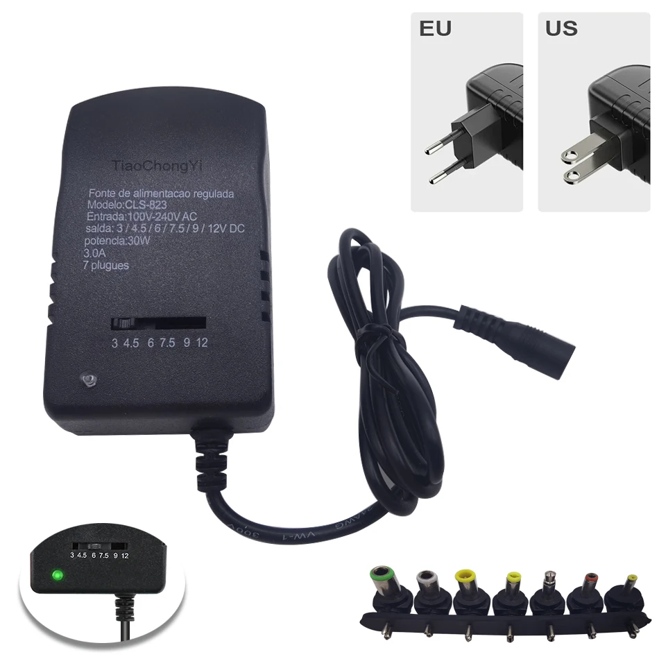 Universal Adjustable 30W Multi-Voltage Power Supply Charger with EU/US Plug