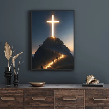 Christian Cross On The Top Of The Mountain Canvas Wall Art