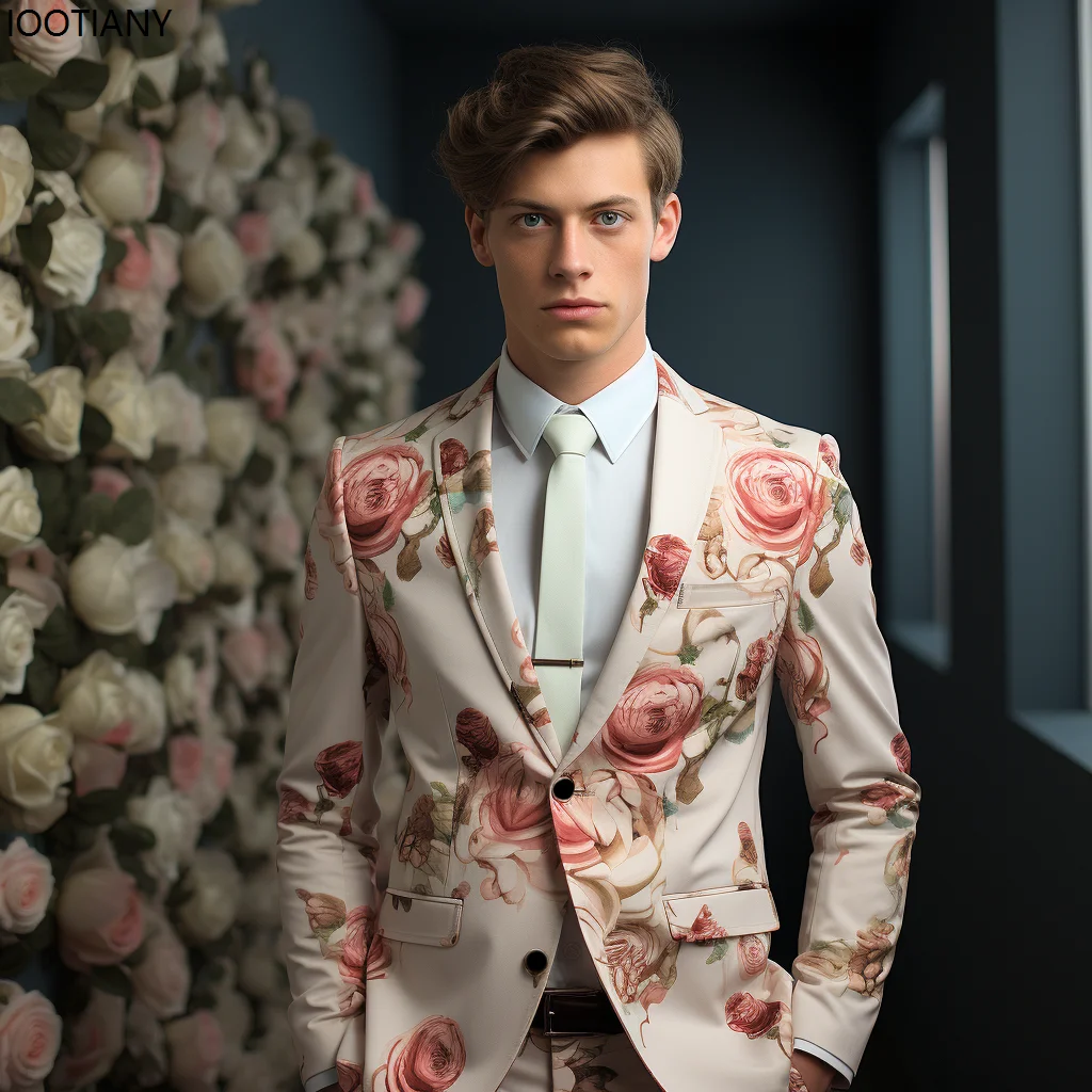 Men Blazer Colorful Flower Pattern Floral Elements 3D Printing Suit Jacket Business Casual Carnival Party