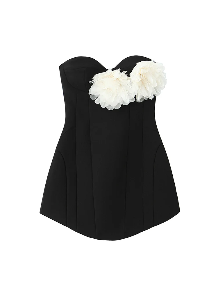 Women Summer Elegant Mini Dress 3D Flower Decor Strapless Backless Slimming Short Dress Ladies Fashion Contrast Color Streetwear